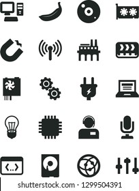 Solid Black Vector Icon Set - desktop microphone vector, laptop, operator, banana, bulb, plug, industrial enterprise, conveyor, horseshoe magnet, computer, pc power supply, cpu, gpu card, hdd, cd