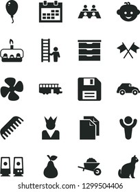 Solid Black Vector Icon Set - floppy disk vector, calendar, clean paper, storage unit, comb, children's hairdo, balloon, garden trolley, torte, pear, fan screw, retro car, conversation, pc speaker