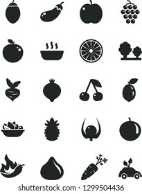 Solid Black Vector Icon Set - Hot Porridge Vector, A Plate Of Fruit, Cherry, Apple, Large Grape, Fig, Medlar, Tangerine, Tamarillo, Sour Lime, Half Orange, Delicious, Ripe Pineapple, Physalis, Beet