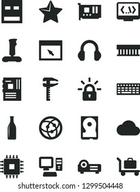 Solid Black Vector Icon Set - star vector, calipers, Glass bottle, computer, radiator fan, keyboard, motherboard, cpu, pc card, hdd, usb, headphones, network, browser, coding, projector, joystick