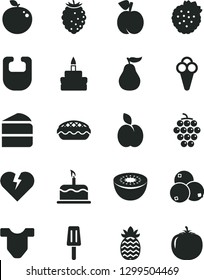 Solid Black Vector Icon Set - bib vector, Child T shirt, broken heart, cake, piece of, birthday, apple pie, popsicle, cone, strawberries, peach, large grape, tasty raspberry, blueberries, kiwi