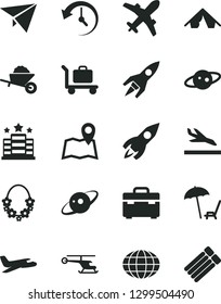 Solid Black Vector Icon Set - garden trolley vector, suitcase, rocket, globe, history, saturn, paper plane, helicopter, arrival, tent, arnchair under umbrella, hawaii wreath, baggage, hotel, map