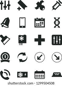 Solid Black Vector Icon Set - calendar vector, add bookmark, renewal, plus, putty knife, bell, left bottom arrow, smartphone, regulator, phone call, right, pc power supply, dna, settings, satellite
