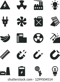 Solid Black Vector Icon Set - danger of electricity vector, bananas, marine propeller, charging battery, coal mining, modern gas station, electric plug, industrial building, thermal power plant