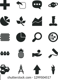 Solid Black Vector Icon Set - upward direction vector, plus, pie chart, line, new roller, move left, bundle of eggs, honeycombs, pineapple, leaves, weaving, Measuring compasses, catch a coin, charts