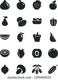 Solid Black Vector Icon Set - porcini vector, lettuce in a plate, peper, garlic, strawberries, pear, half apricot, strawberry, fig, medlar, mango, goji berry, water melon slice, delicious apple, of