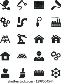 Solid Black Vector Icon Set - house vector, dwelling, builder, brickwork, concrete mixer, new roller, wooden paint brush, ladder, brick, plummet, pavement, water pipes, industrial building, gears