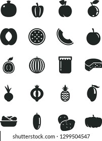 Solid Black Vector Icon Set - cheese vector, lettuce in a plate, beet, jam, pineapple, peach, pomegranate, half of medlar, blueberry, water melon, slice, mango, date fruit, tasty plum, passion