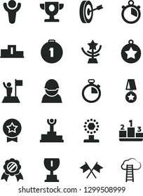 Solid Black Vector Icon Set - stopwatch vector, pedestal, racer, winner, podium, prize, award, cup, star, medal, man with flag, purpose, first place, cross flags, cloud ladder