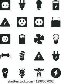 Solid Black Vector Icon Set - danger of electricity vector, saving light bulb, power socket type b, f, fan screw, charge level, charging battery, accumulator, pole, plug, electric, resistor