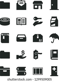 Solid Black Vector Icon Set - folder vector, book, books, window frame, door knob, ntrance, received letter, umbrella, drawer, cardboard box, package, canned goods, kiosk, get a wage, arm with key