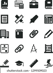 Solid Black Vector Icon Set - clip vector, yardstick, book, new abacus, portfolio, buildings, writing accessories, drawing, calculation, square academic hat, scribed compasses, pencil, on statistics