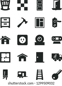 Solid Black Vector Icon Set - house vector, cradle, window, stepladder, laying out, power socket type b, door knob, ntrance, interroom, tile, electronic boiler, hammer with claw, home, nightstand