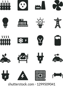 Solid Black Vector Icon Set - danger of electricity vector, concrete mixer, bulb, radiator, fan screw, charge level, hydroelectric station, power line, plug, electric, socket, thermal plant, car