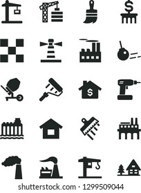 Solid Black Vector Icon Set - crane vector, tower, dwelling, concrete mixer, cordless drill, paint roller, wooden brush, tile, spatula, core, manufacture, factory, hydroelectricity, enterprise