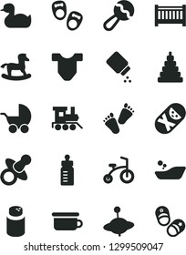 Solid Black Vector Icon Set - baby cot vector, dummy, feeding bottle, powder, Child T shirt, beanbag, stroller, rubber duck, children's bathroom, stacking toy, tumbler, potty, train, tracks, yule