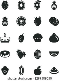 Solid Black Vector Icon Set - cake vector, torte, with a hole, strawberry, pineapple, biscuit, branch of grape, apricot, fig, tasty raspberry, mulberry, melon, half mango, delicious plum, kiwi