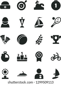 Solid Black Vector Icon Set - bath ball vector, warm hat, timer, pedestal, racer, laurel branch, prize, cup, man with medal, pennant, target, first place, sail boat, bike, flippers, surfing, tennis