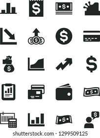 Solid Black Vector Icon Set - bank card vector, growth up, negative chart, calculation, cards, statistical report, denomination of the dollar, financial item, wallet, cash, cashbox, graph, dialog