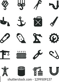 Solid Black Vector Icon Set - safety pin vector, open, crane, tower, hook, winch, adjustable wrench, arm saw, sewerage, gear, knife, anchor, tin, power line, canister, robot welder, steel repair key