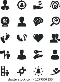 Solid Black Vector Icon Set - woman vector, women, footprints, employee, heart, lens, man, in sight, get a wage, dna, brain, bactery, artifical insimination, hold flag, with ladder, arm key, flying