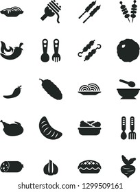 Solid Black Vector Icon Set - deep plate with a spoon vector, plastic fork spoons, iron, sausage, fried vegetables on sticks, onion, slices of, spaghetti, apple pie, lettuce in, chicken, barbecue