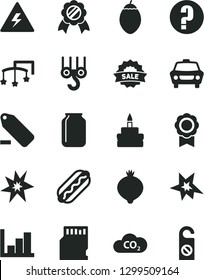 Solid Black Vector Icon Set - danger of electricity vector, remove label, negative histogram, question, toys over the cot, winch hook, car, Hot Dog, birthday cake, medlar, tamarillo, CO2, jar, sale