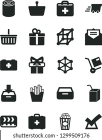Solid Black Vector Icon Set - grocery basket vector, first aid kit, bag of a paramedic, medical, packing juice with straw, received letter, put in box, drawer, gift, shipment, tin, French fries