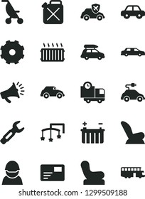 Solid Black Vector Icon Set - truck lorry vector, toys over the cot, Baby chair, car child seat, summer stroller, motor vehicle, pass card, delivery, battery, racer, canister, electric, retro, horn