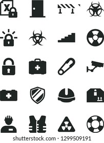 Solid Black Vector Icon Set - safety pin vector, bag of a paramedic, medical, workman, ntrance door, construction helmet, road fence, lock, cardboard box, radiation hazard, encrypting, nuclear
