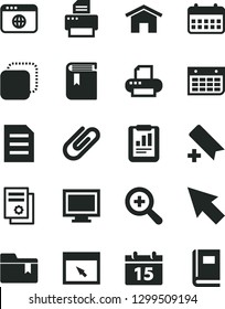 Solid Black Vector Icon Set - monitor window vector, add bookmark, zoom, folder, book, home, calendar, clip, copy, statistical report, scientific publication, wall, printer, browser, cursor, file