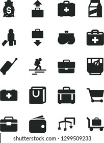 Solid Black Vector Icon Set - briefcase vector, first aid kit, toys over the cot, bag of a paramedic, medical, portfolio, case, with handles, package, glass tea, cart, wallet, purse, money, rolling