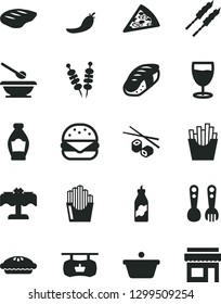 Solid Black Vector Icon Set - plates and spoons vector, plastic fork, fried vegetables on sticks, piece of pizza, big burger, pie, chop, barbecue, French fries, potato slices, Chinese chopsticks