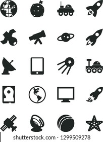 Solid Black Vector Icon Set - monitor vector, bath ball, planet Earth, rocket, space, tablet pc, hdd, telescope, satellite, antenna, saturn, lunar rover, flag on moon, first, starfish