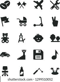 Solid Black Vector Icon Set - floppy disk vector, baby carriage, teddy bear, children's hairdo, child Kick scooter, small tools, flag, coffee beans, liquor, trees, retro car, welding, note, chair