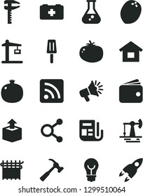 Solid Black Vector Icon Set - rss feed vector, bag of a paramedic, dwelling, hammer with claw, bulb, unpacking, tomato, popsicle, pomegranate, coconut, working oil derrick, cloth industry, calipers