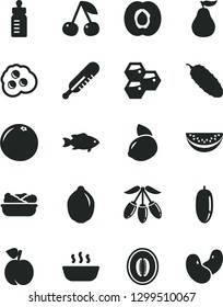 Solid Black Vector Icon Set - feeding bottle vector, mercury thermometer, hot porridge, lettuce in a plate, cucumber, fish, omelette, honeycombs, cherry, peach, half apricot, goji berry, melon, lime