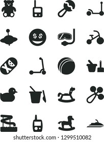 Solid Black Vector Icon Set - beanbag vector, baby rattle, duckling, bath ball, tumbler, toy phone, mobile, sand set, children's, small teddy bear, yule, rocking horse, tricycle, Kick scooter, child