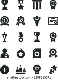 Solid Black Vector Icon Set - pedestal vector, medal, winner, award, gold cup, man with, star, pennant, first place, ribbon, hero, certificate, flag, three stars