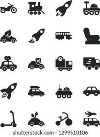 Solid Black Vector Icon Set - Baby chair vector, motor vehicle, present, toy train, tricycle, child Kick scooter, delivery, eco car, environmentally friendly transport, autopilot, rocket, space, bus