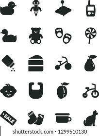 Solid Black Vector Icon Set - baby powder vector, bib, rubber duck, duckling, warm socks, toy mobile phone, children's potty, small teddy bear, hairdo, yule, child bicycle, tricycle, piece of cake