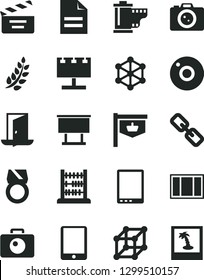 Solid Black Vector Icon Set - camera vector, scribbled paper, spectacles, roll, movie cracker, abacus, window frame, vintage sign, billboard with illumination, tablet pc, 3d cube, laurel branch