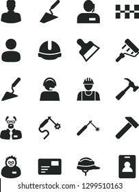 Solid Black Vector Icon Set - builder vector, trowel, building, paint roller, ceramic tiles, construction helmet, putty knife, hammer, with claw, pass card, welding, gas, woman, man, dispatcher