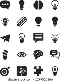 Solid Black Vector Icon Set - image of thought vector, matte light bulb, incandescent lamp, paper airplane, Puzzle, Puzzles, saving, eye, Hot Dog, speech, brain, target, dialog, idea