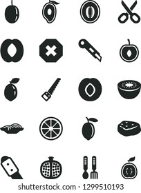 Solid Black Vector Icon Set - scissors vector, mark of injury, iron fork spoons, arm saw, knife, stationery, slices onion, piece meat, half pomegranate, plum, mango, peach, melon, cherry, lemon