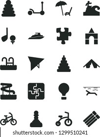 Solid Black Vector Icon Set - stacking rings vector, toy, box of bricks, child bicycle, Kick scooter, Puzzle, Puzzles, pawn, air balloon, hang glider, bike, tent, beach, arnchair under umbrella