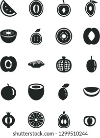 Solid Black Vector Icon Set - slices of onion vector, orange slice, half apricot, pomegranate, medlar, mango, peach, melon, tangerine, loquat, cherry, passion fruit, kiwi, sour lime, guawa, tomato