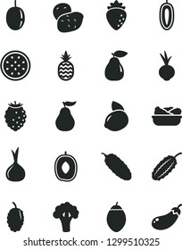 Solid Black Vector Icon Set - lettuce in a plate vector, cucumber, beet, pineapple, pear, raspberry, tasty, mulberry, delicious plum, passion fruit, sweet date, yellow lemon, half of, tamarillo