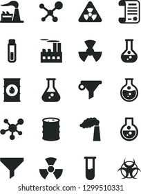 Solid Black Vector Icon Set - round flask vector, manufacture, factory, oil, barrel, industrial building, radiation, filter, water, research article, test tube, molecule, nuclear, biohazard