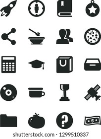 Solid Black Vector Icon Set - women vector, question, plates and spoons, children's potty, e, drawer, bag with handles, pizza, tomato, connection, goal woman, rocket, cd, folder, satellite, gold cup